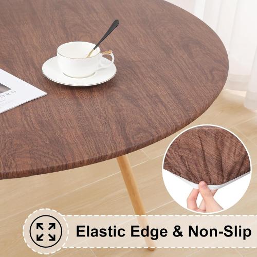misaya Round Fitted Tablecloth with Elastic Edge, 100% Waterproof Oil Proof Plastic Table Cover, Vinyl Flannel Backed Tablecloth Fits 45-56 Round Tables for Dinner, Outdoor, Picnic, Oak Wooden Grain