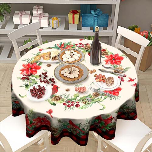 Giwawa Red Birds Floral Tablecloth Round 60 Inch Buffalo Plaid Decorative Water Resistant Table Cloth Cover for Dining Room Kitchen Holiday Party