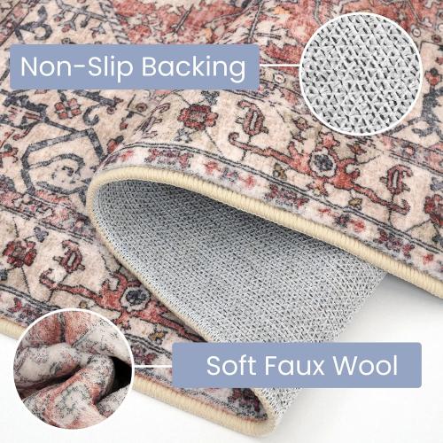 KOZYFLY Area Rug 9x12 Ft Thin Rugs for Living Room Washable Bedroom Rug Non Slip Rugs for Living Room Printed Faux Wool Vintage Bedroom Rug Floor Carpet for Dining Room, Red Salmon/Pink/Navy