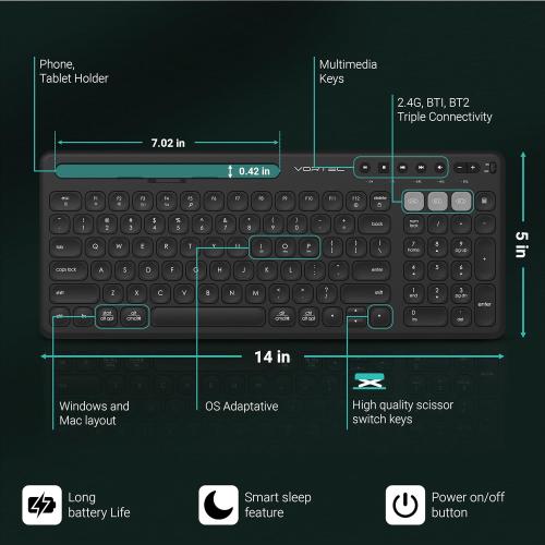 Multi Device Wireless Keyboard - Bluetooth Keyboard for Tablet - Universal Compatible with iPhone iPad Android Phone Cellphone PC Computer - Built-in Stand - Long Battery Life - Easy Setup