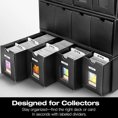 Trading Card Storage Box with 48 Dividers &12-600 CT Boxes, Fully Black Card Organizer Box with Scratch-Resistant Coating for MTG, TCG, Sport Cards, Trading Card Organizer with Labels & Tapes
