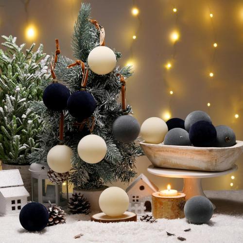 15 Pcs Velvet Christmas Ornaments 2.36 Inch Neutral Shatterproof Plastic Velvet Balls Flocked Ornaments for Christmas Tree Hanging Decorations(Beige, Gray, Dark Blue)