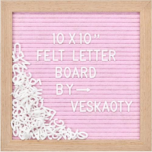 Felt Letter Board with 294 Letters, Numbers & Symbols - 10 x 10 inch Changeable Message Board with Wooden Frame Wall Mount Hook, Pink & Wood