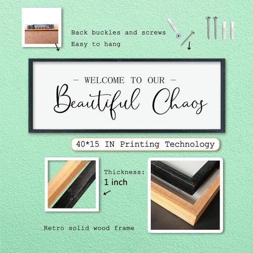 LuZhiQiang Welcome To Our Beautiful Chaos Sign Wall Decor 40×15 for Home Living Room Entryway Bedroom Large Wood Framed Wall Hanging Art (Black)
