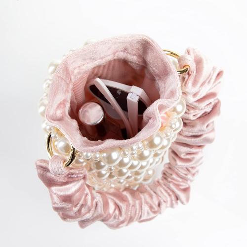 YUSHINY Women Faux Pearl Beaded Evening Pleuche Bucket Handle Bags with Velvet Lining for Wedding Party