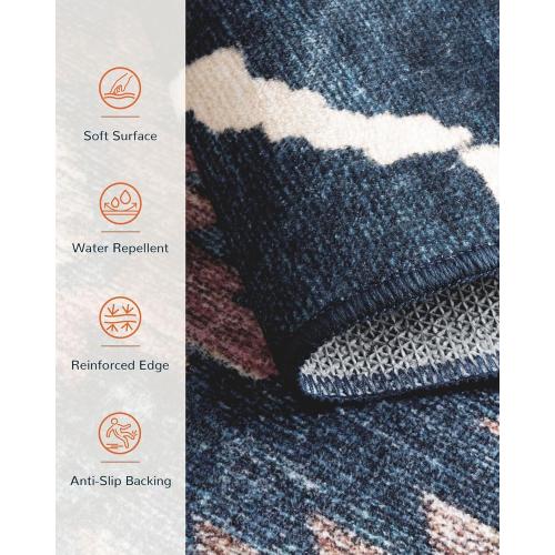 Area Rug 5x7 Rug Machine Washable Non-Slip Low Pile Print Pattern Western Rug for Living Room Bedroom Entryway Tribal Series -Darkblue