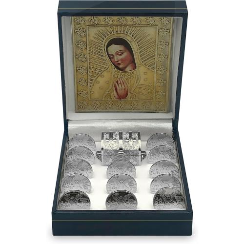 EHV Silver Plated Wedding Unity Coins with Decorative Display Case, Treasure Box, and Silver Platter, Classic Arras Ceremony Souvenirs, Beautiful Confirmation Gift Set (Virgen Busto)