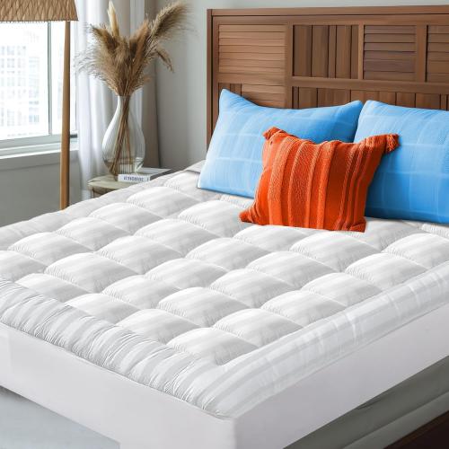White 100% Cotton Top Queen Mattress Topper, Breathable & Cooling Mattress Topper, Elastic Fitted Mattress Pad, Mattress Cover for Back Pain Relief