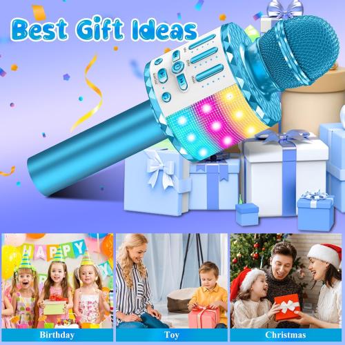 Karaoke Microphone Toys for Kids, Wireless Bluetooth Mic with Lights & Speaker, Portable Home KTV Player System, Perfect Birthday Party for 3-12 Year Old Boys & Girls