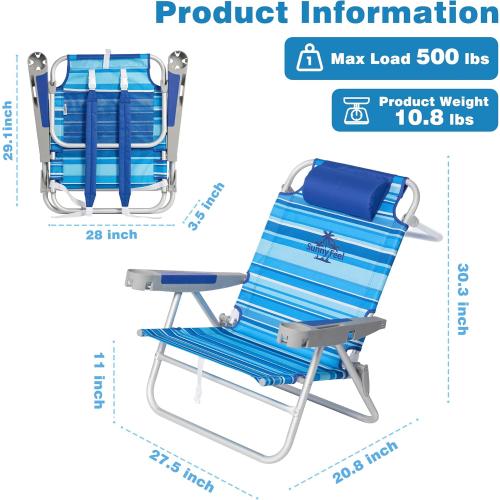 SUNNYFEEL Extra Wide 28 Low Beach Chair 5 Position Lay Flat, XL Oversized Portable Folding Camping Chairs with Cup Holder for Outdoor/Trip, Lightweight Foldable Backpack Beach Chair for Adults