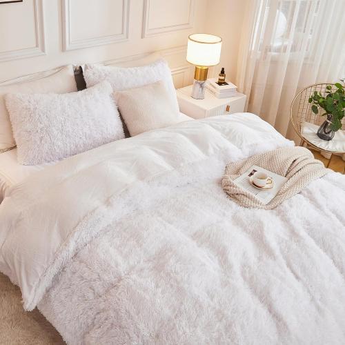 Andency Faux Fur White Comforter King Size, 3 Pieces Fluffy Fuzzy Plush Bedding Comforter Set (1 Shaggy Velvet Comforter & 2 Pillowcases), Soft Puffy Comfy Down Alternative Comforter Bedding Set