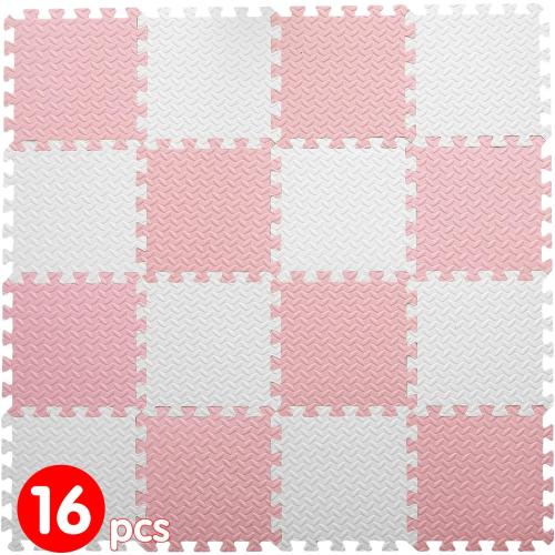 16 Tiles Foam Play Mat for Baby, Soft & Safe EVA Foam Mats for Floor, Square Baby Play Mat, Kids Foam Puzzle Floor Mat, Play Mat for Playpen(White/Loli Pink)
