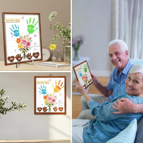 12 DIY Handprint Kit with Non-Toxic Paints, Mothers Day Father's Day Art Craft Family Keepsake Wooden Frame, Birthday Gifts for Mum, Daddy, Grandparents, Nana, Mimi from Daughter Son HF279