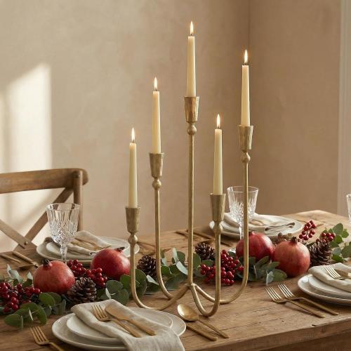 Large Iron Candelabra Centerpieces for Tables, 17.7'' Tall Taper Candle Holders, Vintage Brass Gold Candlestick Holders, Antique Fireplace Mantel Decorations for Living Room, 5 Arms