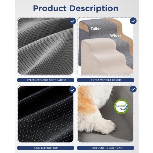 Beige Curved Dog Stairs Ramp for Small Dogs & Cats 17 H, 3-Step Dog Steps for Couch Sofa and Chair, Pet Stairs for Cats, Non-Slip Balanced Pet Steps