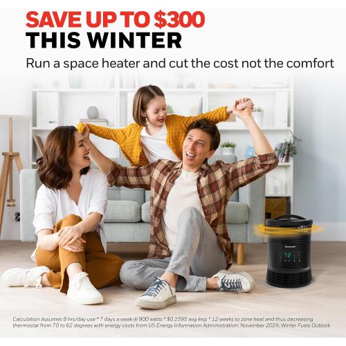 Honeywell HHF370B 360 Degree Surround Fan Forced Heater with Surround Heat Output Charcoal Grey Energy Efficient Portable Heater with Adjustable Thermostat & 2 Heat Settings , Black