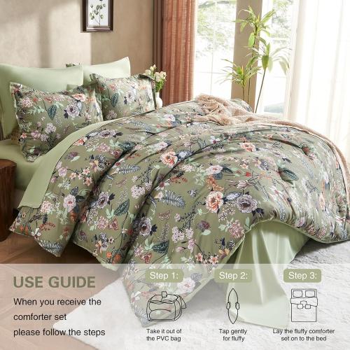 7 Piece Queen Comforter Set, Sage Green Butterfly Floral Comforter Set with Flowers Leaves Pattern, Soft Microfiber Complete Bedding Set for All Season(Sage Green, Queen)