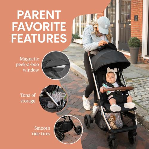 Bombi Bēbee V2 Lightweight Baby Stroller - Premium Vegan Leather, One-Hand Fold, Infinite Recline, Aircraft-Grade Aluminum Frame, XXL Canopy, and Ample Storage Umbrella Stroller - Midnight Black
