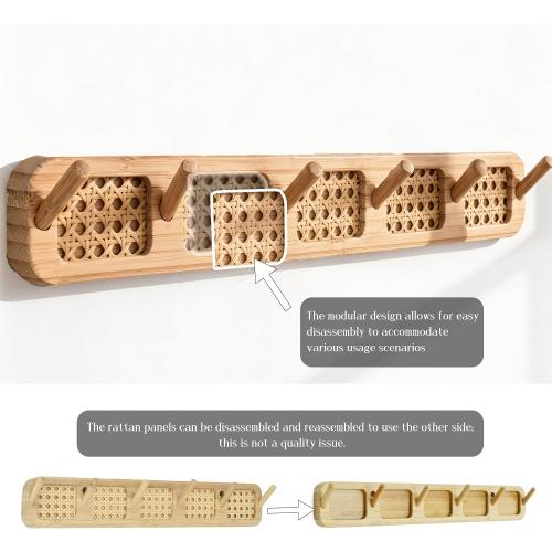 Coat Rack Wall Mount, Rattan Coat Hooks Hanger Wall Mounted, 6 Heavy Duty Bamboo Hooks Rack Rail for Hanging Clothes Hats Bags Robes Towels Plants, White (Natural)