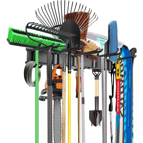WALMANN Wall Mount Tool Organizer, Mop and Broom Holder, Garage Tools Storage Rack, Heavy Duty Garden Tool Storage Rack, Holds Up to 300 lbs