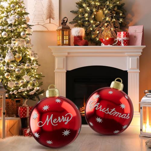 2 Pcs Christmas Inflatable Balls, 24 Inch Outdoor Decorative PVC Ball, Xmas Blow Up Jumbo Ball for Indoor, Giant Ornaments Outside Holiday Yard Lawn Decor (Merry Christmas)