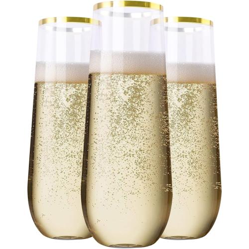SUT 24 Pieces Stemless Plastic Champagne Flutes, 9oz Gold Rim Plastic Champagne Glasses, Clear Toasting Glasses, Unbreakable, Shatterproof Cocktail Cups for party/wedding