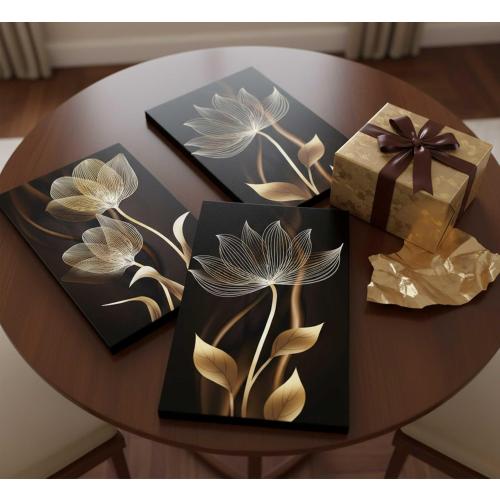 3 Pieces Modern Abstract Brown Flowers Canvas Wall Art Minimalism Black and Gold Floral Painting Pictures Luxury Wall Decor Posters Print Artwork for living room Office Bedroom Home Decoration