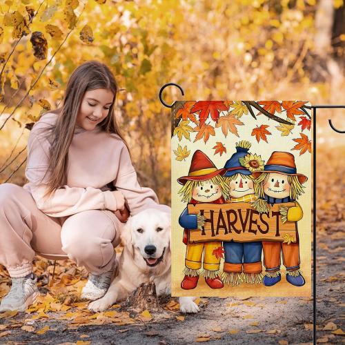 Dyrenson Fall Harvest Scarecrow Decorative Garden Flag, Autumn Maple Leaves Yard Outside Home Decoration, Farmhouse Burlap Outdoor Small Decor Double Sided 12 x 18