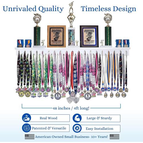 4ft- Medal Awards Rack Premier Medal Hanger Display Rack and Trophy Shelf for Gymnastics, Soccer, Basketball, Football, and More. The Largest Medal and Award Display- 48”