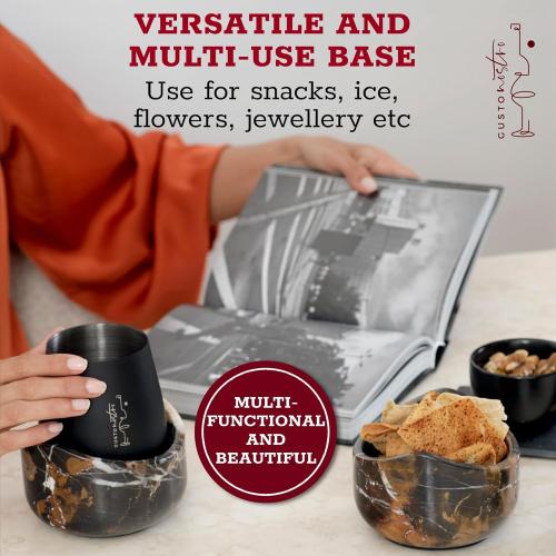 Gusto Nostro Marble Wine Chiller for Glass and Stainless Steel Tumbler Set of 2 - Wine Glass Chiller Holder for Freezer - Cool Set of Two Chillers & Stemless Wine Metal Tumblers for Home, Bar (Black)