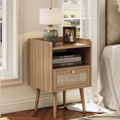 MECHYIN Night Stand Set 2, Nightstands Set of 2 with Charging Station, Rattan Side Tables with Solid Wood Legs, Boho Bedside End Table for Farmhouse Bedroom Dorm Small Space - Brown