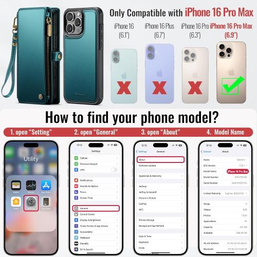 Defencase for iPhone 16 Pro Max Magnetic Wallet Case Compatible with Magsafe with RFID Blocking Zipper Strap Card Holder for Women PU Leather Detachable Case for iPhone 16 Pro Max (6.9), Blue Green