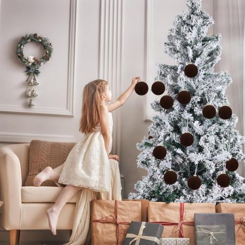 12pcs Christmas Tree Hanging Ball Decoration 2.4Inch Velvet Christmas Ornaments Balls Flocked Shatterproof Plastic Xmas Tree Ball for Party Holiday Wedding Home Decor (1, Coffee, 12PCS)