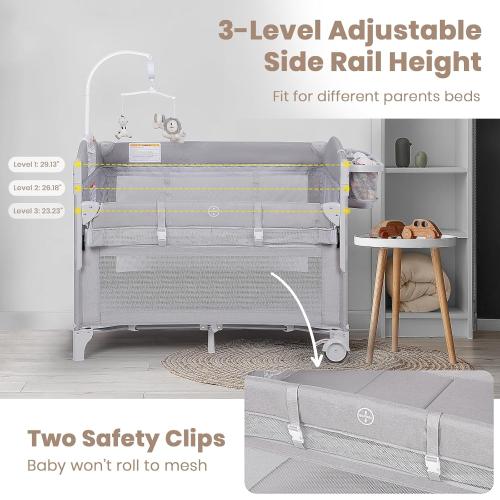 Baby Bassinets Bedside Sleeper, 4 in 1 Portable Bedside Crib w/Mattress, Diaper Changer, Storage Basket, Music Box, Carry Bag, Foldable Playard Sleeper for Newborn (Light Gray)