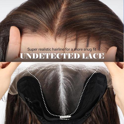 HAIRCUBE 13x6 HD Lace Front Wig Synthetic 22 Inch Dark Brown Highlight Long Wave Layered Glueless Wig for Women, Natural Look Daily Wear
