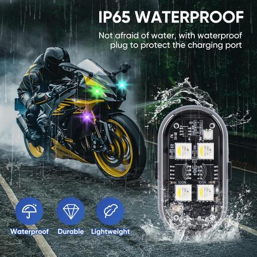 Upgraded 4LEDs 4PCS Wireless LED Strobe Lights with Remote Control, 8 Colors Type-C Rechargeable Led Lights Anti Collision Warning Light for Car Motorcycle Bike Drone Aircraft