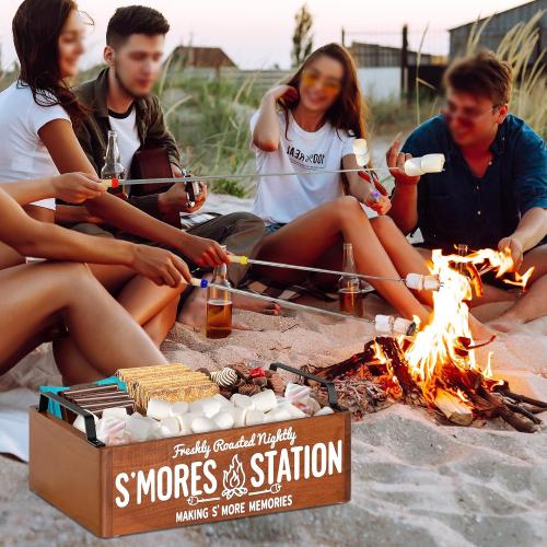 Farmhouse Smores Station, Wooden Smores Caddy with Handles, S'mores Bar Holder with 5Pcs Extendable Smores Sticks, Smores Maker Box for Smores Kit, Outdoor Fire Pit Camping Essentials Cooking (Brown)
