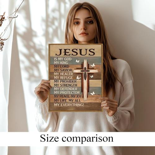 Framed My God Jesus Wall Art Canvas Prints, Christian Inspirational Quote Wall Decor, Vintage Cross White Butterflies Artwork, Religion Bible Verse Decor Art for Bedroom Prayer Room – 12x16in