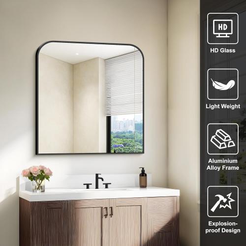 Bathroom Mirror, 30x30 inch Black Rectangle Wall Mounted Mirror with Thin Frame, Bathroom Vanity Mirrors for Over Sink, Entryway, Living Room, Bedroom
