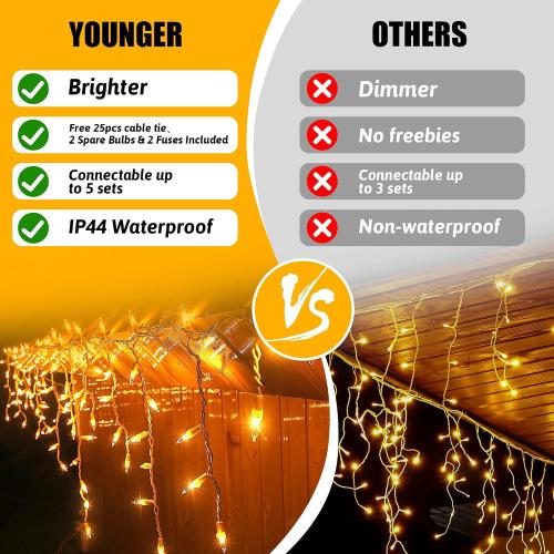 YOUNGAR Icicle Lights Outdoor, 23FT 200 Connectable Icicle Christmas Lights