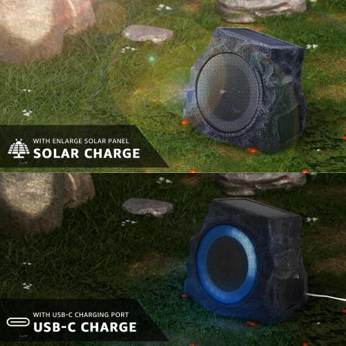 uuffoo 2-Pack Solar Powered Rock Speakers Outdoor Water-Resistant IP44 Rock Speaker with Lights RGB Colors and USB Charging for Patio Pool Party Yard Garden Outside