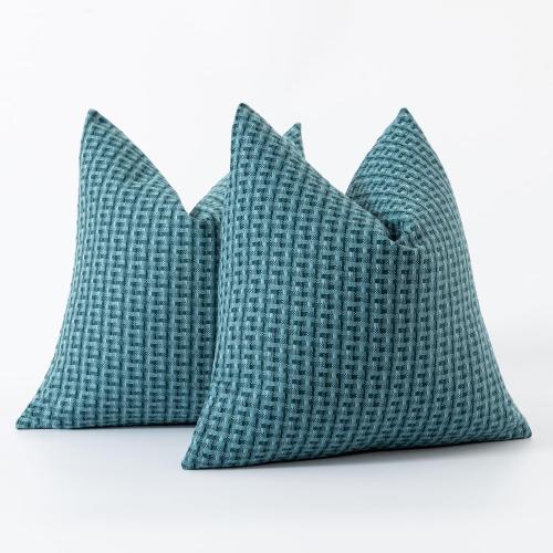 Kevin Textile Outdoor Waterproof Throw Pillow Covers Pack of 2 Weaving Texture Water Resistant Outside Decorative Cushion Covers for Garden Patio Tent Balcony Bench Couch Sofa 18x18 Inch, Teal