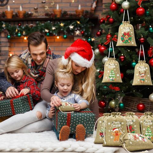 FLOE 72Pcs Christmas Burlap Gift Bags with Drawstring, 5x7in Christmas Linen Treat Bags with Tag, Xmas Candy Bag Small Jute Goody Reusable Gift Wrapping Bag Xmas Holiday Party Favors Sacks