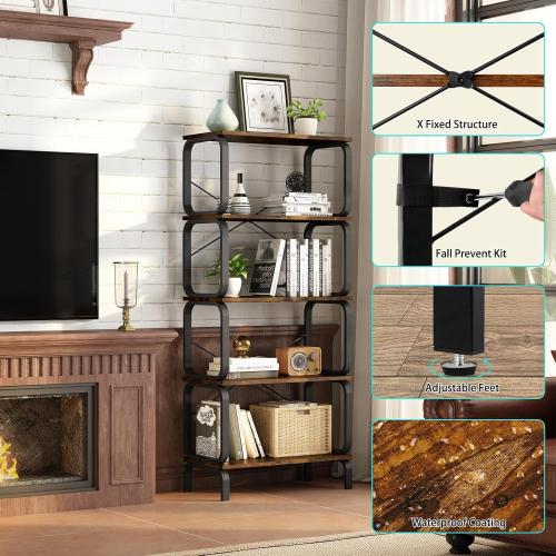Book Shelf, Industrial 5 Tier Bookshelf, Tall Bookcase with 165lbs/Shelf Capacity, Open Wood Metal Bookshelves, Vintage Book Shelves for Bedroom, Living Room, Home Office, Garage - Rustic Brown