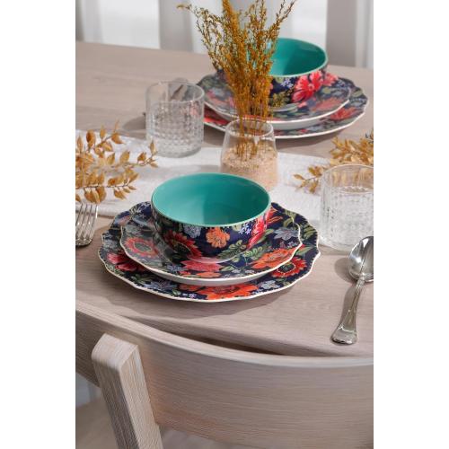 222 Fifth 12-Piece Porcelain Dinnerware Set for 4, White & Parisian Blue Plates and Bowls Set with Gold Rim, Glossy Ceramic Dish Set with Detailed Floral Design, Microwave & Dishwasher Safe, Chintz