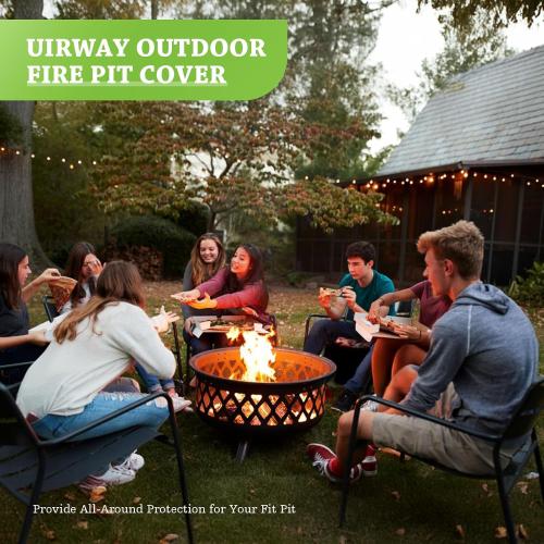 UIRWAY Fire Pit Cover 32 Inch Round, Waterproof Outdoor Fire Pit Cover, 600D Heavy Duty Oxford Fabric Firepit Cover with PVC Coating, Strong Tear & Windproof Patio Fire Pit Table Cover, Black