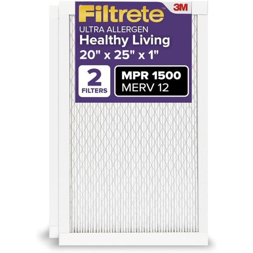 Filtrete 20x25x1 AC Furnace Air Filter, MERV 12, MPR 1500, CERTIFIED asthma & allergy friendly, 3 Month Pleated 1-Inch Electrostatic Air Cleaning Filter, 2-Pack (Actual Size 19.719x24.688x0.78 in)