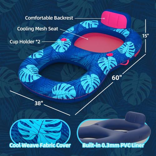 Upgrade Travel Pool Floats Adult with Carry Bag, Fabric Portable Packing Inflatable Pool Floats for Pool Floating, Luxury Floats with Backrest and Cup Holder, Fast Inflation, Floral Design