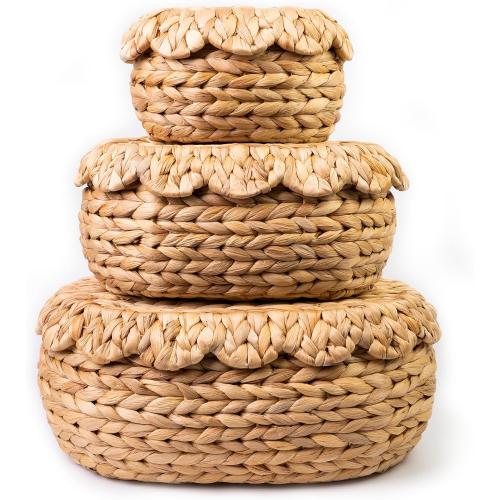 Set of 3 Wicker Storage Baskets with Lid - Decorative Handwoven Rattan Baskets for Organizing, Small Hyacinth Storage Boxes with Scalloped Edges, Natural Woven Storage Bins with Lids (Water Hyacinth)