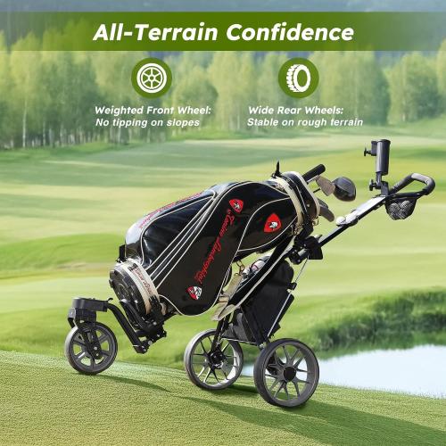 360 Golf Pull Cart: Lightweight Folding Swivel 3 Wheels Golf Caddy with Foot Brake, Cooler Bag, Drink& Umbrella Holder